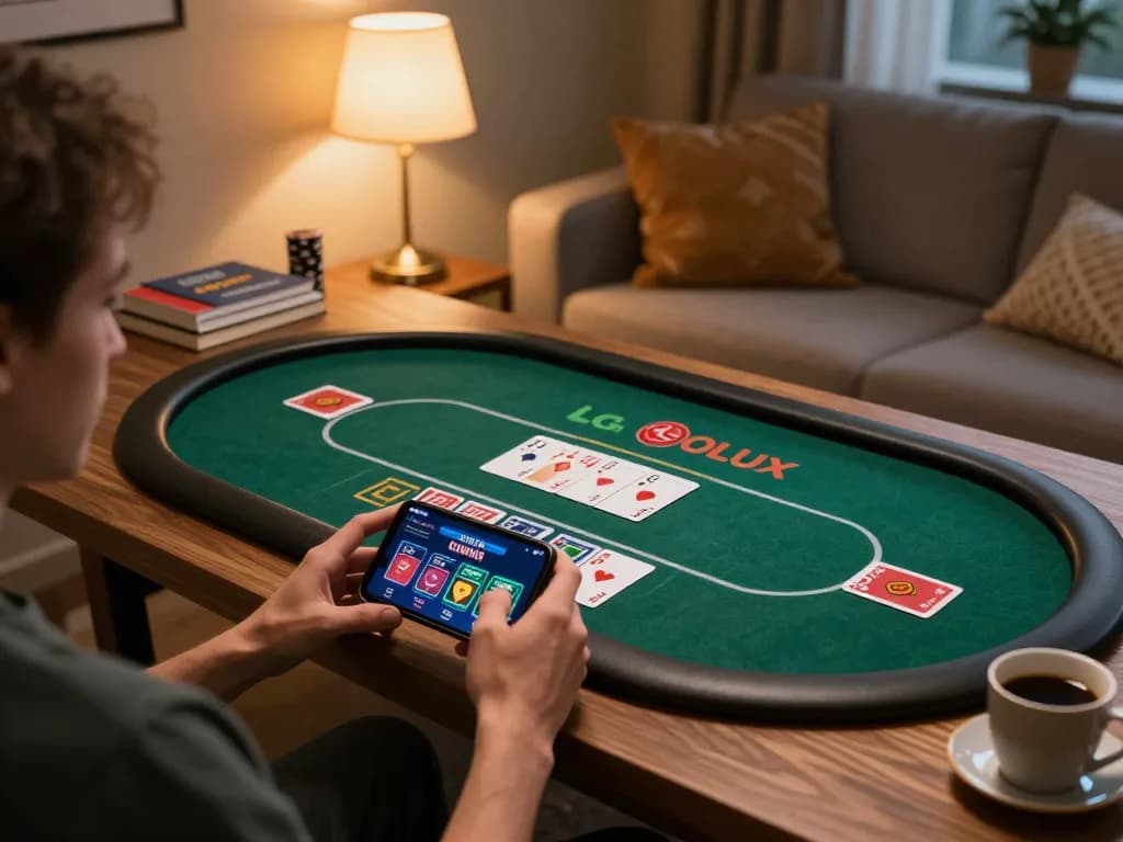 Engaging gameplay on LGOLUX app showcased in a cozy home setting with warm lighting.
