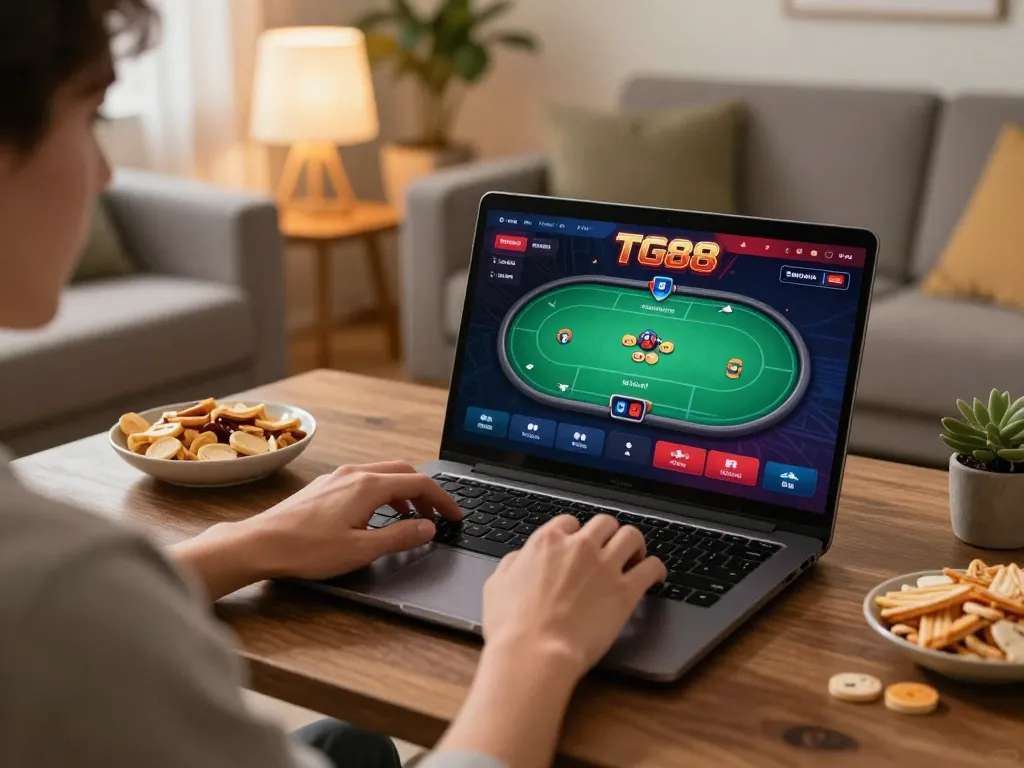 Player enjoys strategic online gambling with TG88 app in a modern home setting