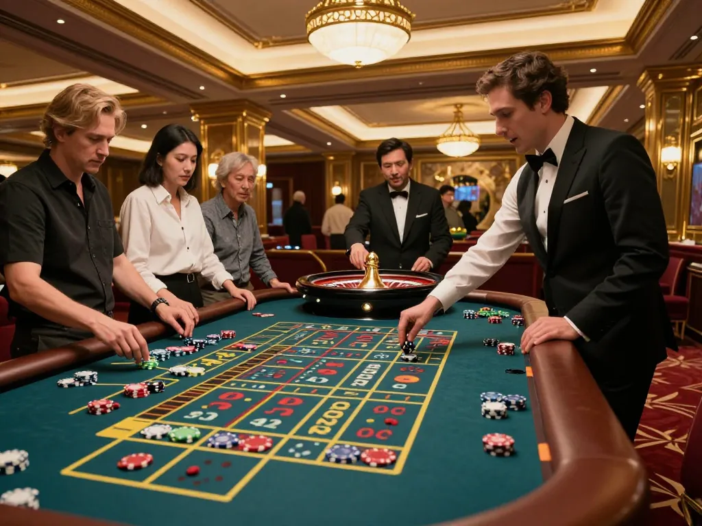 Players at a roulette table experiencing the thrill of uk88 com gaming, with vibrant chips and an engaged croupier.