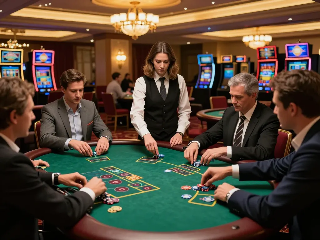 Players placing bets at a blackjack table in an upscale casino scene featuring UGDEWA gaming.