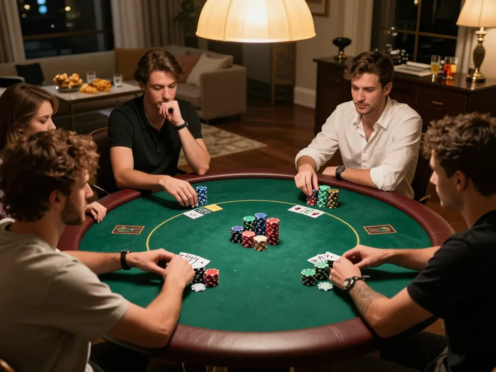 IWIN CLUB players strategizing in a lively poker game with colorful chips and warm lighting.
