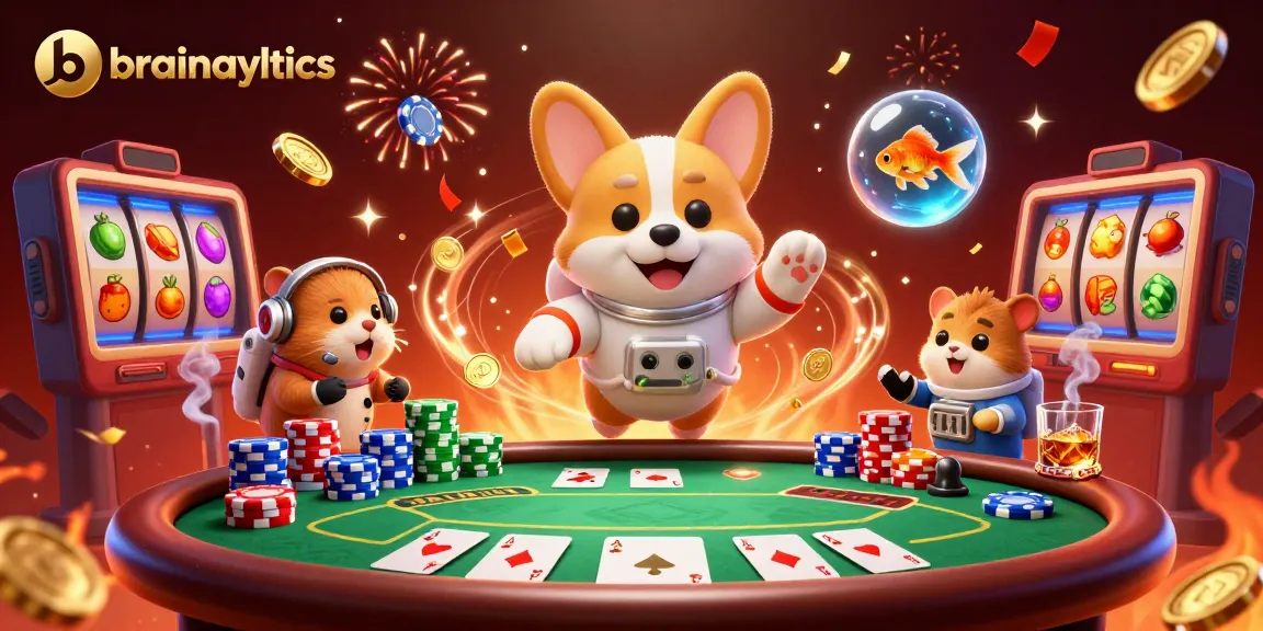 brainalytics showcases a floating astronaut corgi in a vibrant casino with dynamic gambling elements.
