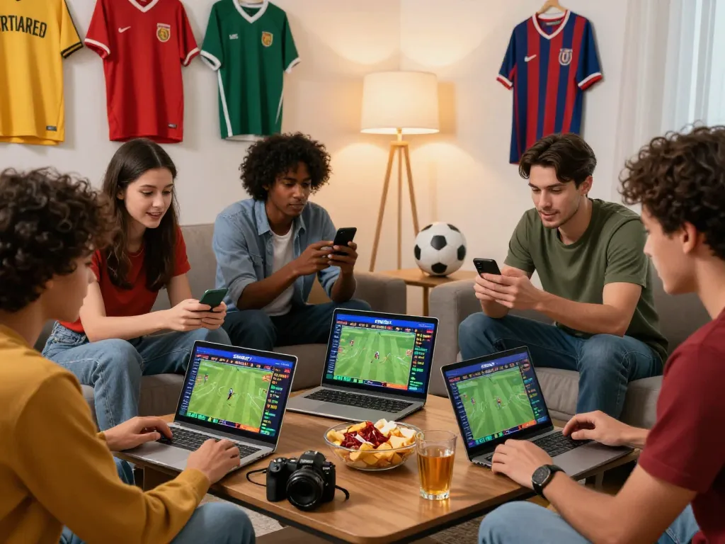 Friends enthusiastically discussing SBOBET sports bets in a cozy living room.