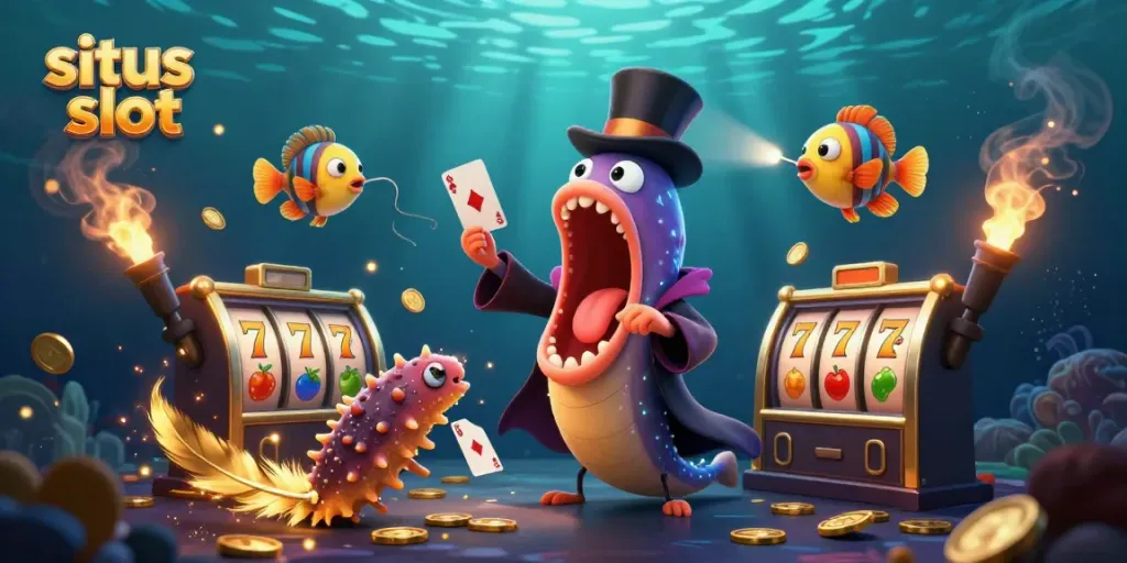 Ilustrasi 3D menampilkan situs slot dengan karakter ikan laut yang melakukan sulap, mengelilingi koin emas dan simbol permainan.