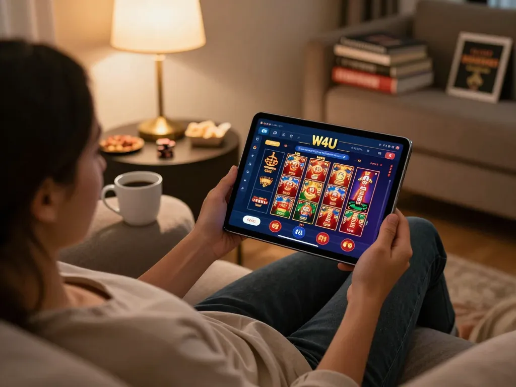 Player engaging with the W4U app for online casino gaming on a cozy couch
