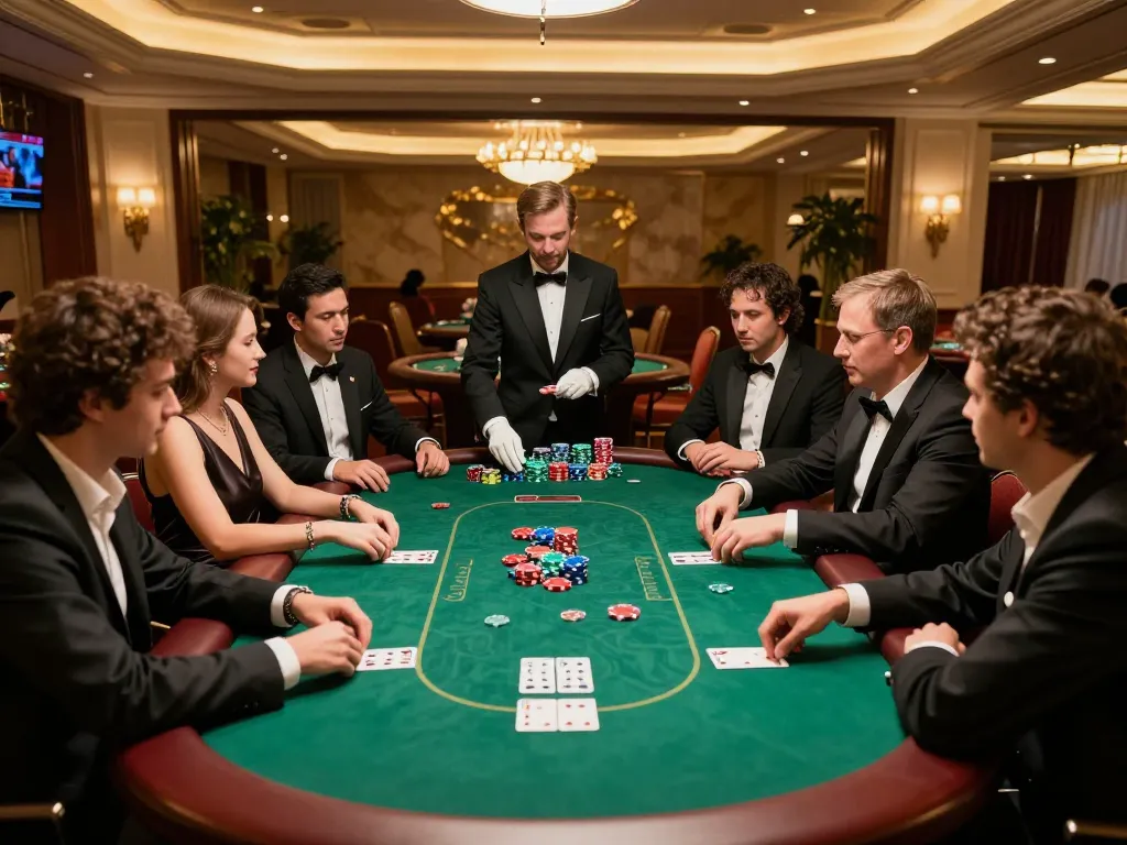 kp88 players engaging in an exciting poker game with vibrant chips and professional dealer.