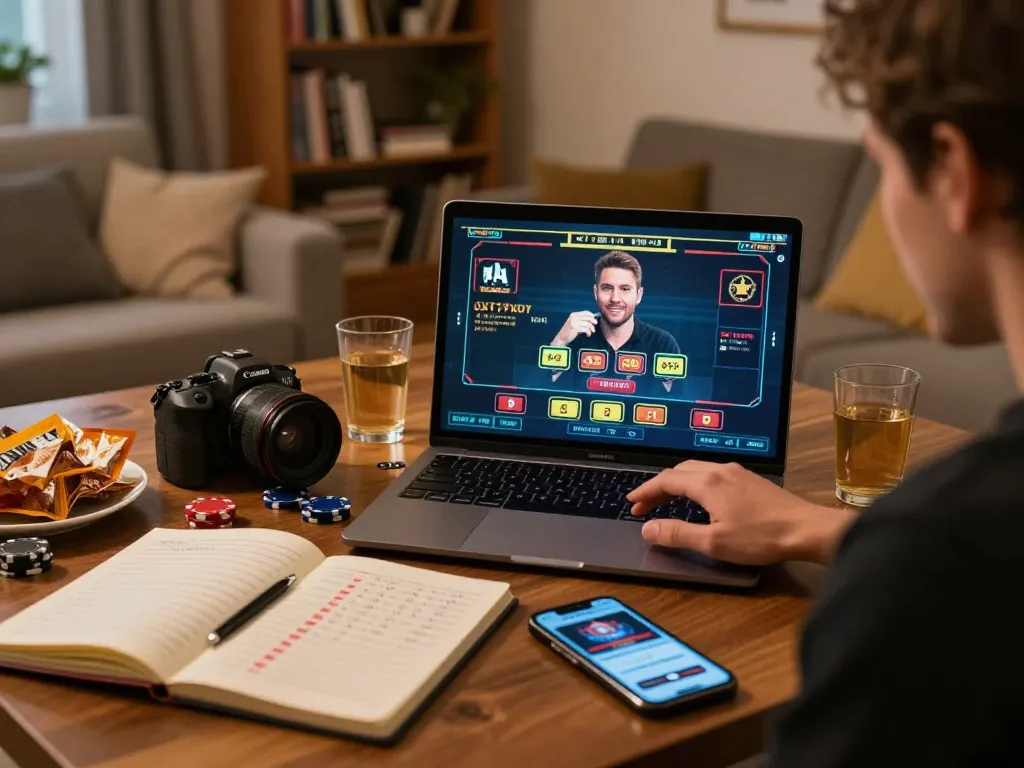 Player engaging with cm88 live dealer game on a laptop, surrounded by strategic betting notes