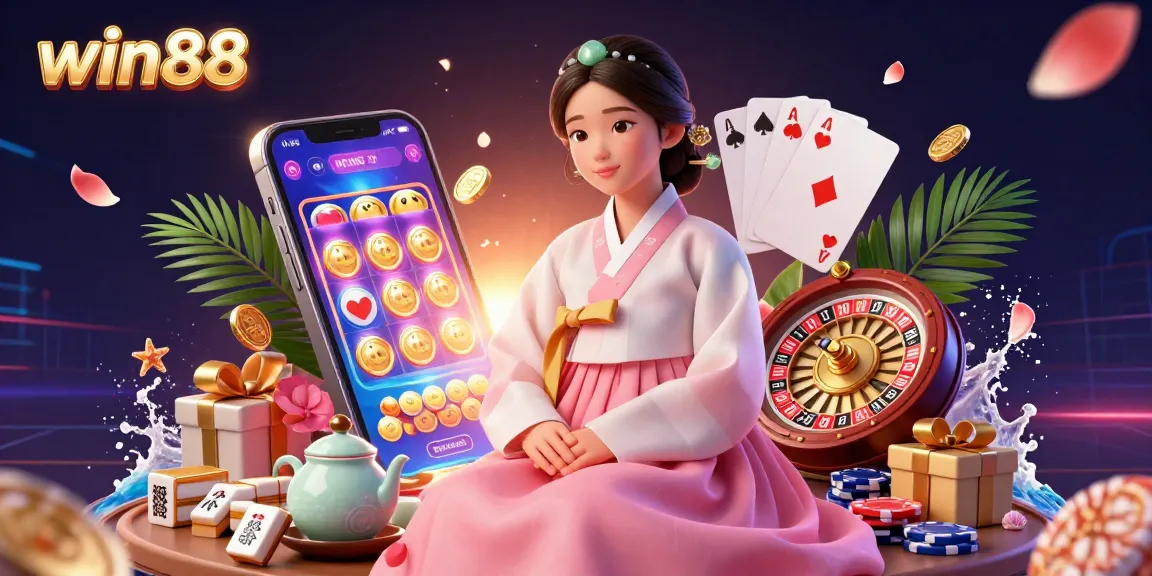 Win88 illustrates a serene Asian woman at a traditional gambling table surrounded by vibrant casino elements.