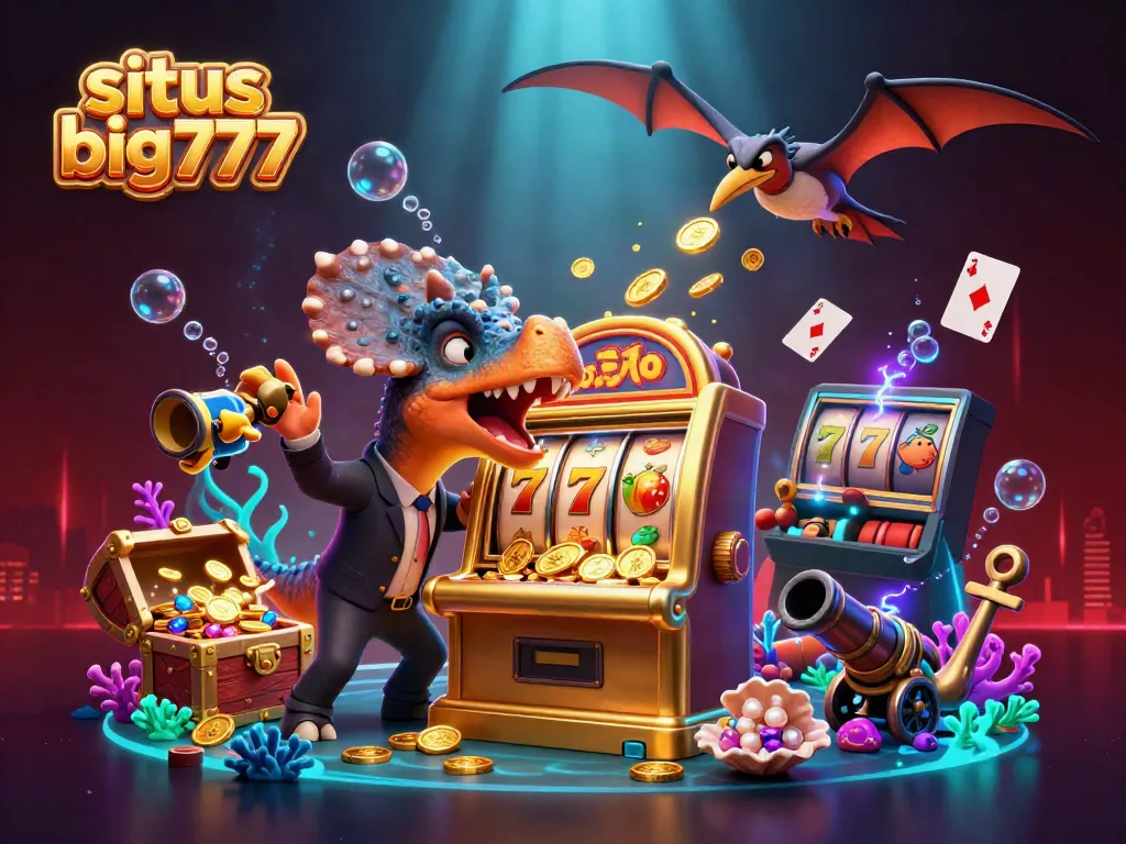 Situs big777 animated characters celebrating jackpot wins at a vibrant casino scene.