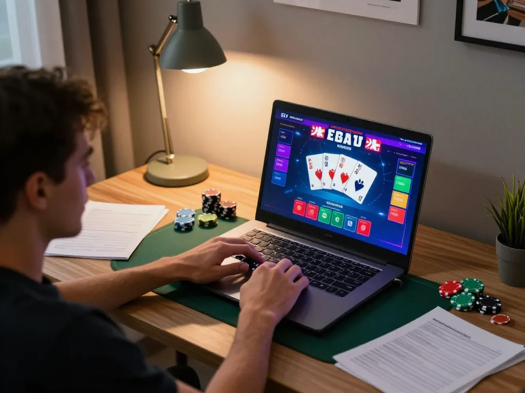 IDNSCORE player immersed in online poker action, showcasing vibrant gaming interface and engaging home office atmosphere