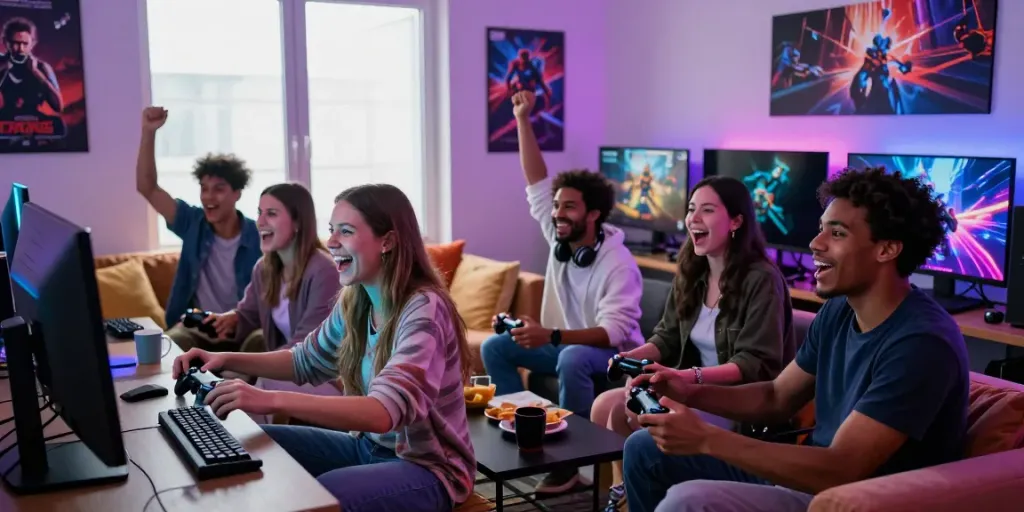 Friends enjoying akunjp gaming session in a vibrant living room.