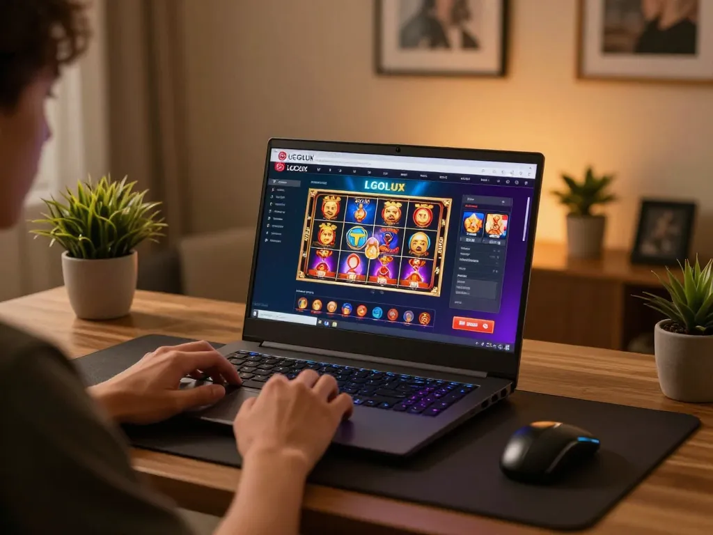 Engaging with LGOLUX online gaming platform at a stylish home desk, showcasing premium gameplay.