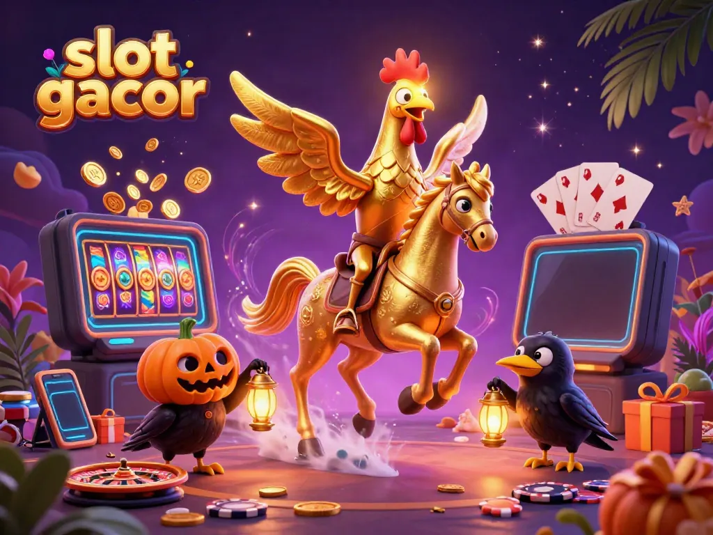 Experience thrilling slot gacor adventures with a golden rooster riding through a casino.