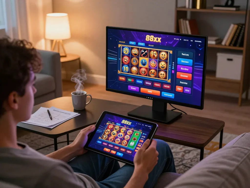 Engaging online gambling scene with a person using 88xx platform on tablet, showcasing a vibrant gaming setup.