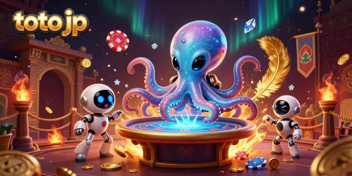 Engage in thrilling poker action with a stylish "toto jp" alien octopus at a holographic table.