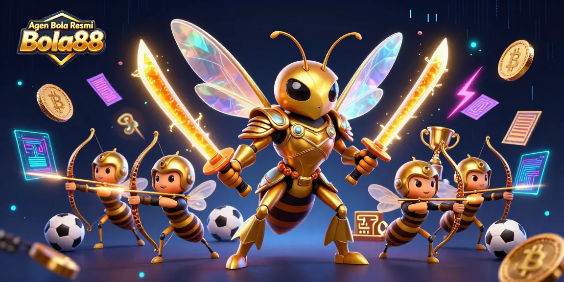 Agen Bola Resmi Bola88 showcases dynamic sports betting action with golden hornets and soccer elements.