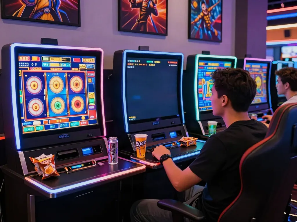Exciting akunjp online gaming scene with colorful slot machine interface and engaged player.