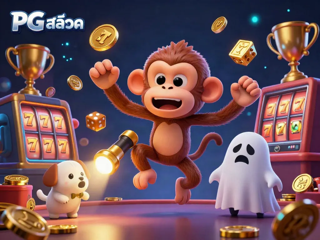 Engage with thrilling PG สล็อต gameplay featuring a ghost-hunting puppy, a magical golden juggling monkey, and vibrant casino elements.
