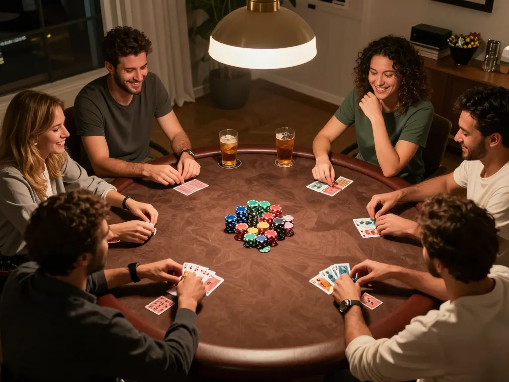 F8BET players enjoying a lively home poker night with chips and cards visible, highlighting friendly competition.
