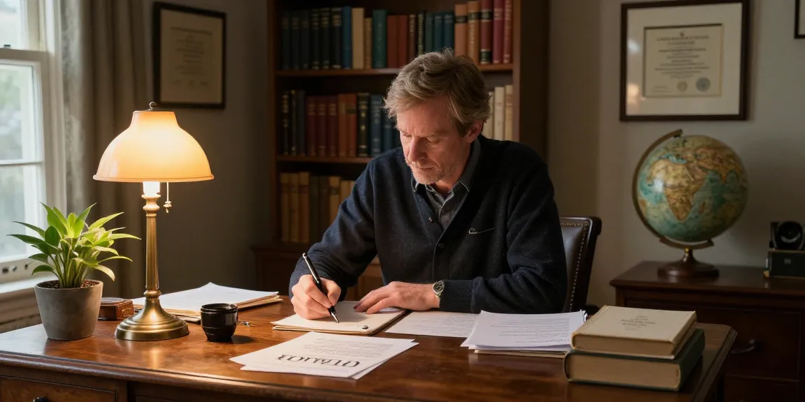 T Allen Greenfield deeply engaged in writing at his study desk surrounded by spiritual literature, showcasing contents from https://tallengreenfield.com.