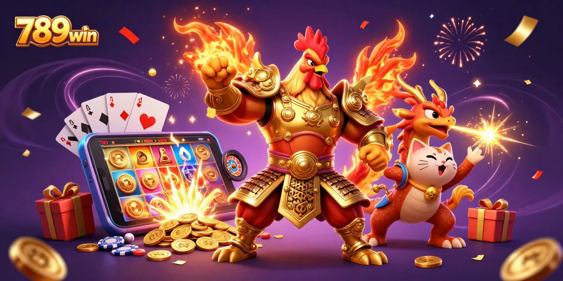 Engage with 789win's powerful cartoon heroes amidst dynamic casino elements in a vibrant 3D scene.