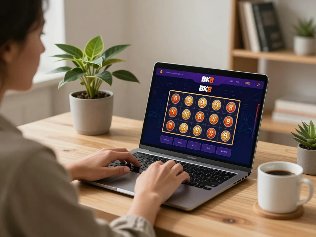 Player enjoying slots on BK8 from a stylish home setup with a cozy atmosphere