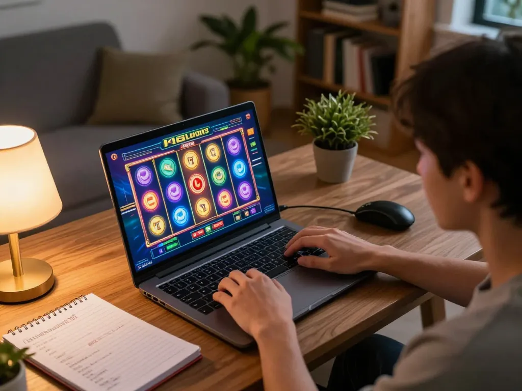 Person engaging with kdslot on laptop in a cozy living room, highlighting immersive online gaming.