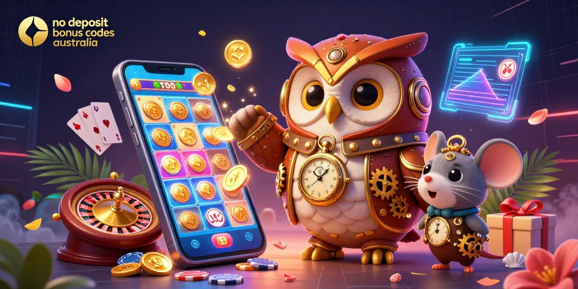 Experience exciting gameplay with no deposit bonus codes australia as you engage with a whimsical time-traveler owl and thrilling casino elements.