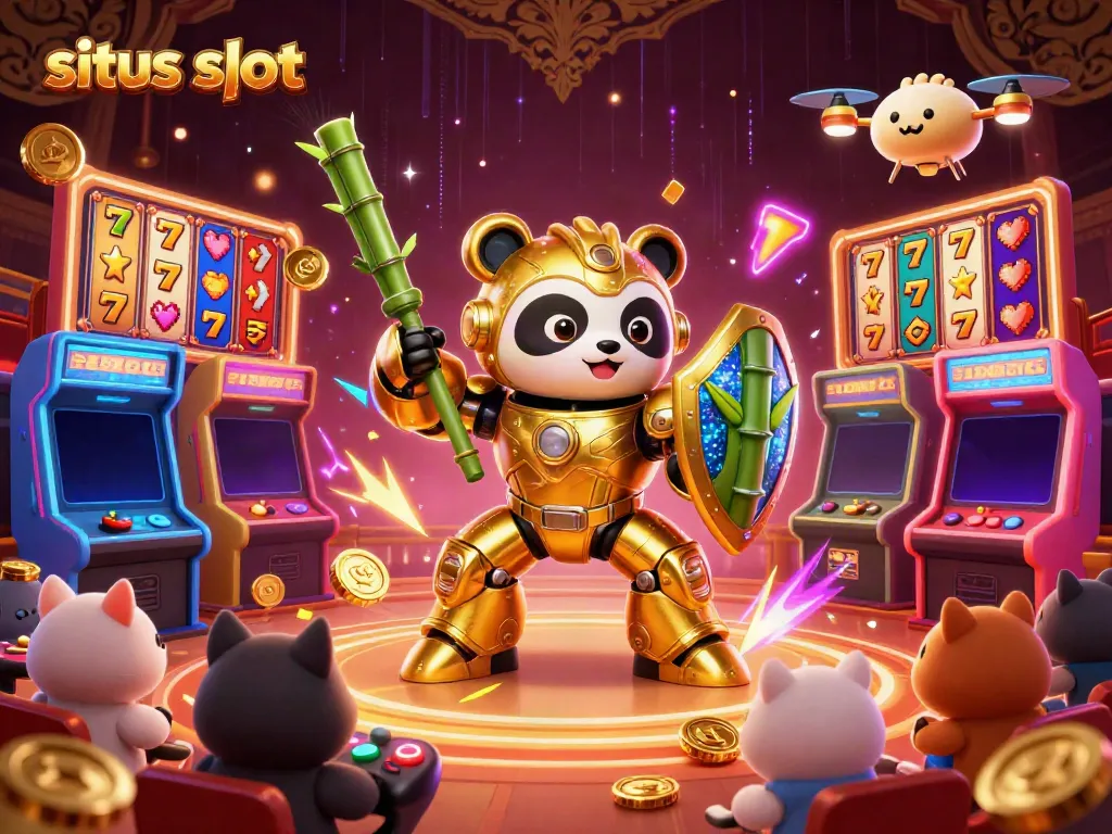 Permainan situs slot dengan panda emas memimpin robot berperang dikelilingi simbol jackpot dan penonton.