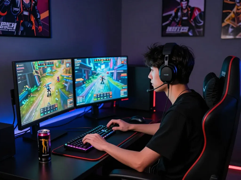 Engaged gamer at desk surrounded by vibrant gameplay visuals, highlighting tot88 gaming experience.