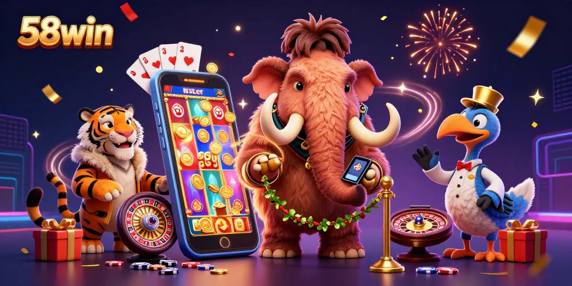 Join 58win's vibrant casino scene with a mammoth bouncer and tiger VIP, showcasing dynamic gaming action.