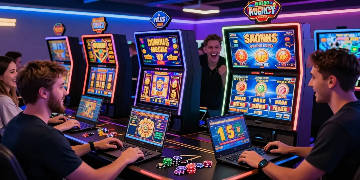 situs slot gacor dengan pemain yang bersenang-senang di kasino online, tampilan slot berwarna-warni dan perayaan kemenangan.