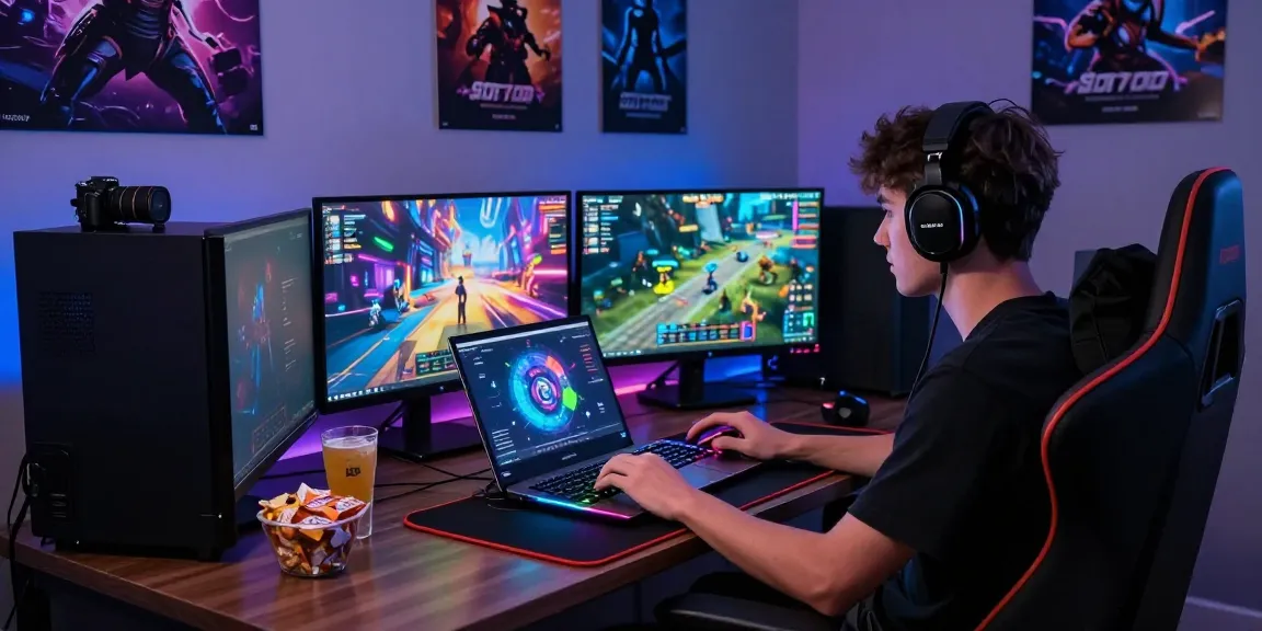 Experience Slot7000 gaming platform in a vibrant setup with dynamic screens and gaming gear
