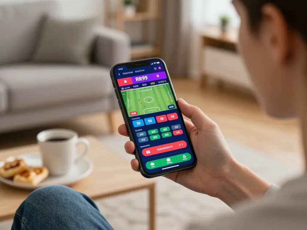 Engaging sports betting moment on RR99 app in a cozy home setting