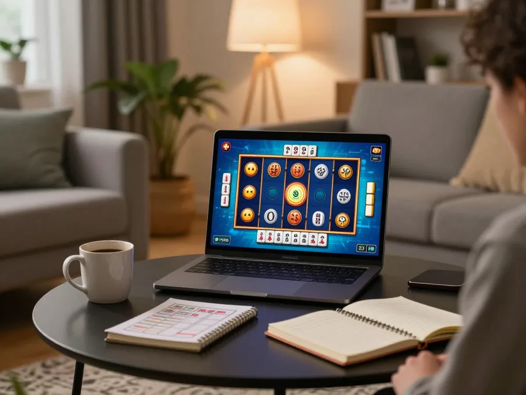 Engaged player enjoying slot mahjong on laptop at home, colorful graphics on screen.