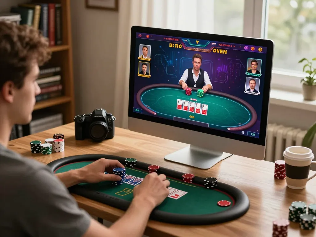 Exciting online poker gameplay at home featuring hidobasketgoztepe engaging moment on the computer screen.