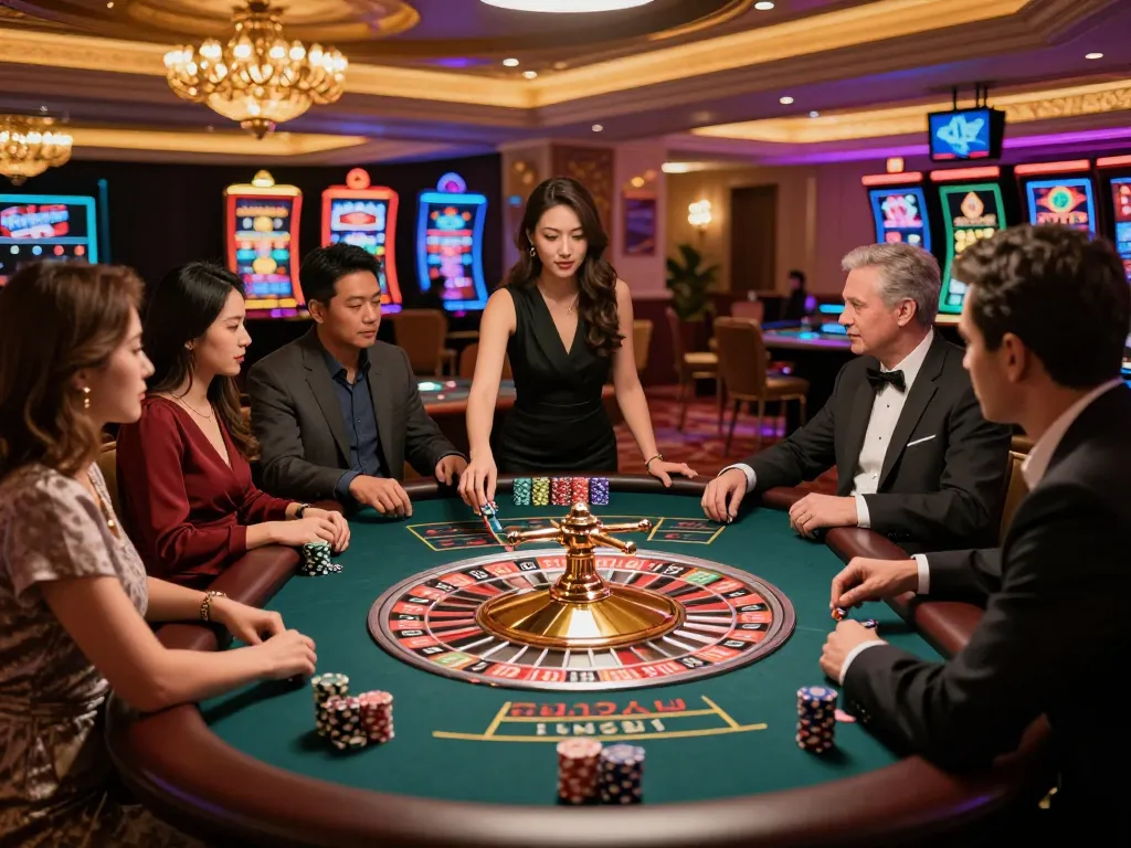 Engaging players at a roulette table enjoying ดูหนังออนไลน์ with vibrant casino atmosphere.