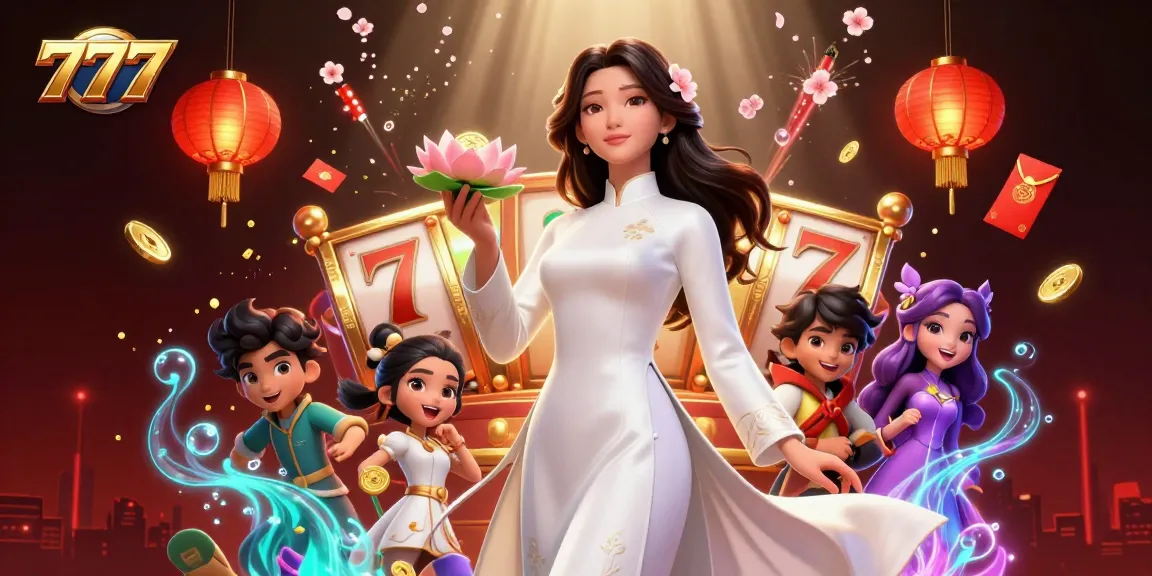 Experience the thrill of 777 slots with a captivating illustration of an elegant Asian woman surrounded by vibrant casino elements.