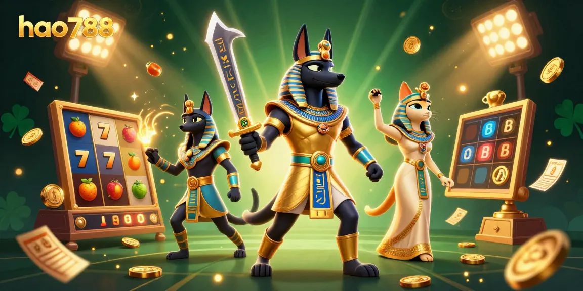 Memainkan slot di HAO788 dengan karakter Anubis dan Bastet dikelilingi simbol keberuntungan.