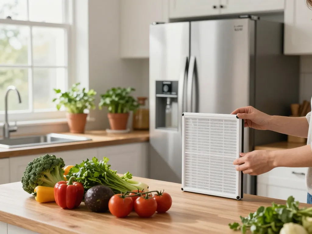 Waterdrop Replacement for LG® LT120F® Refrigerator Air Filter being installed in a modern kitchen to improve air quality.