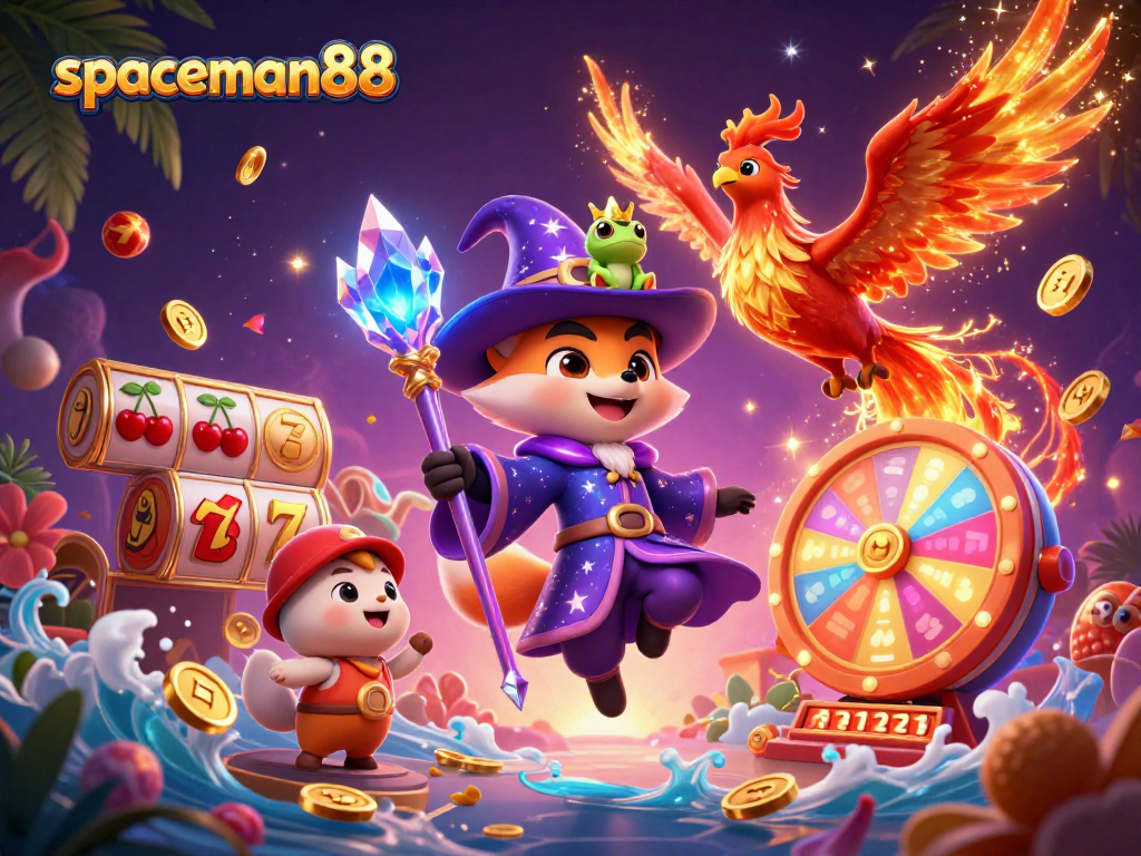 Spin the winning reels with spaceman88, featuring a mystical wizard fox and phoenix in an enchanting casino scene.
