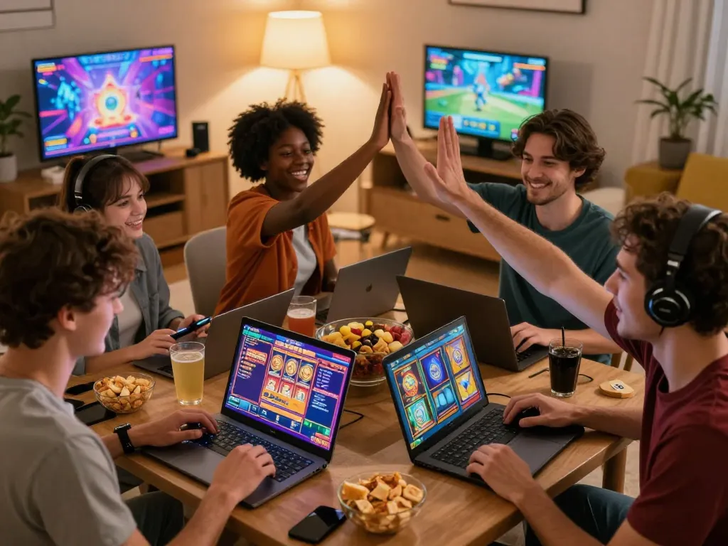 Pemain menikmati keseruan permainan slot online laoban188 di rumah dengan grafik yang berwarna-warni dan camilan.
