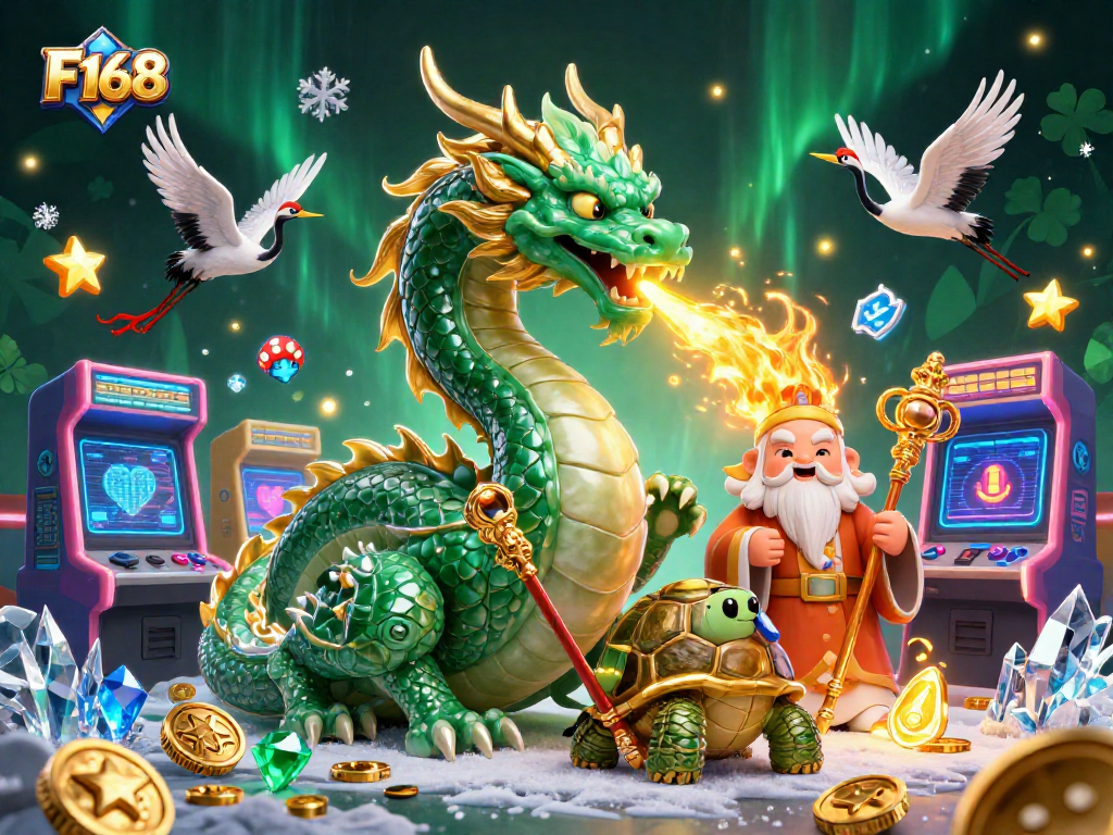 F168 offers an exciting gambling experience with massive jade dragon, lucky cranes, and vibrant game elements.