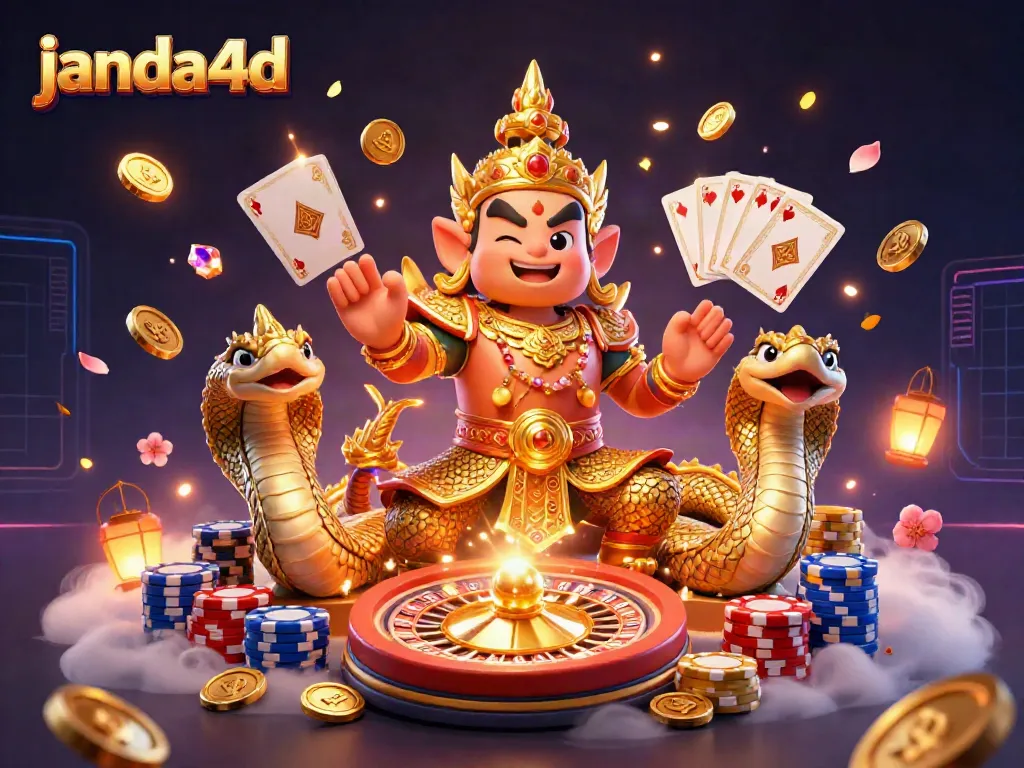 Gambaran janda4d dengan penjaga kuil Thailand dan naga berlapis emas, menggambarkan kemeriahan permainan judi.