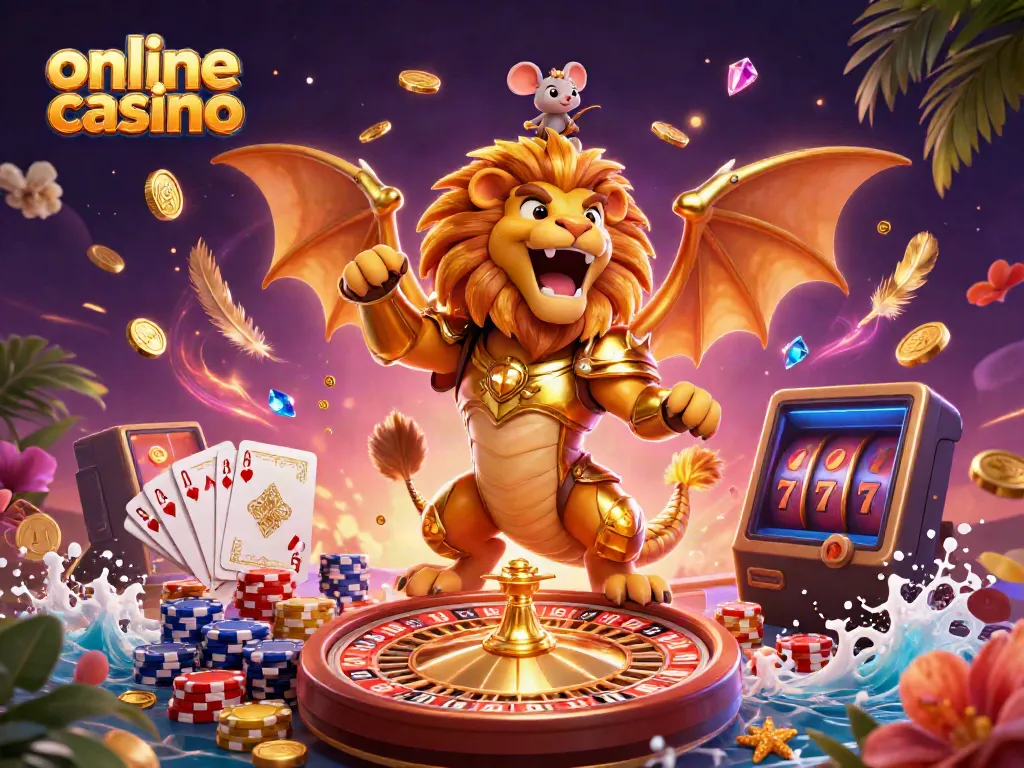 Experience thrilling fun at this online casino with golden treasures and playful characters.