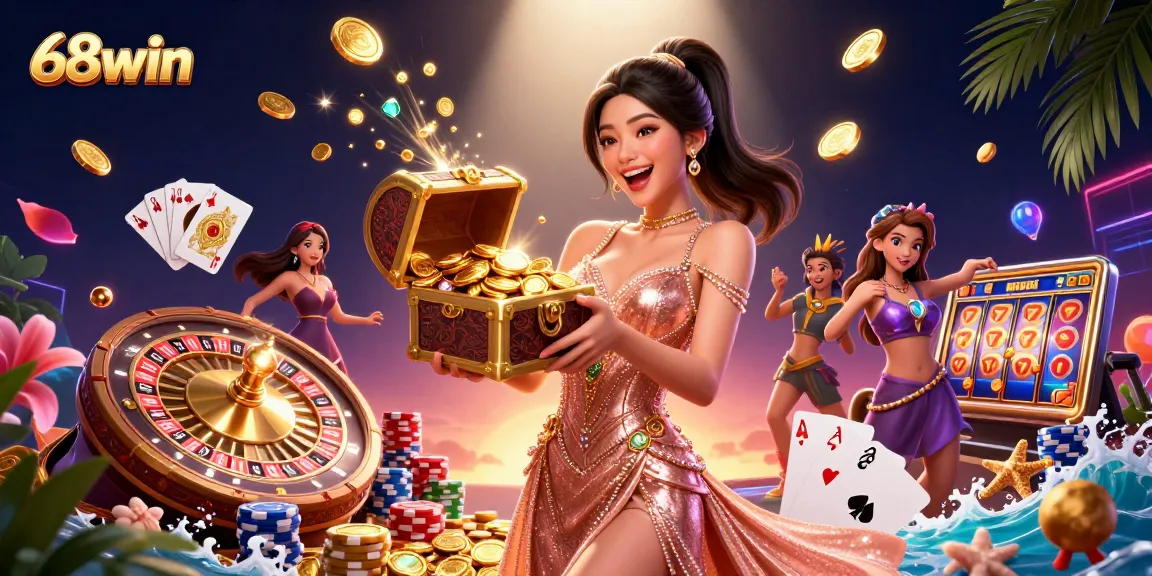 Experience the excitement of 68win with a stunning visual of a treasure-filled casino adventure.