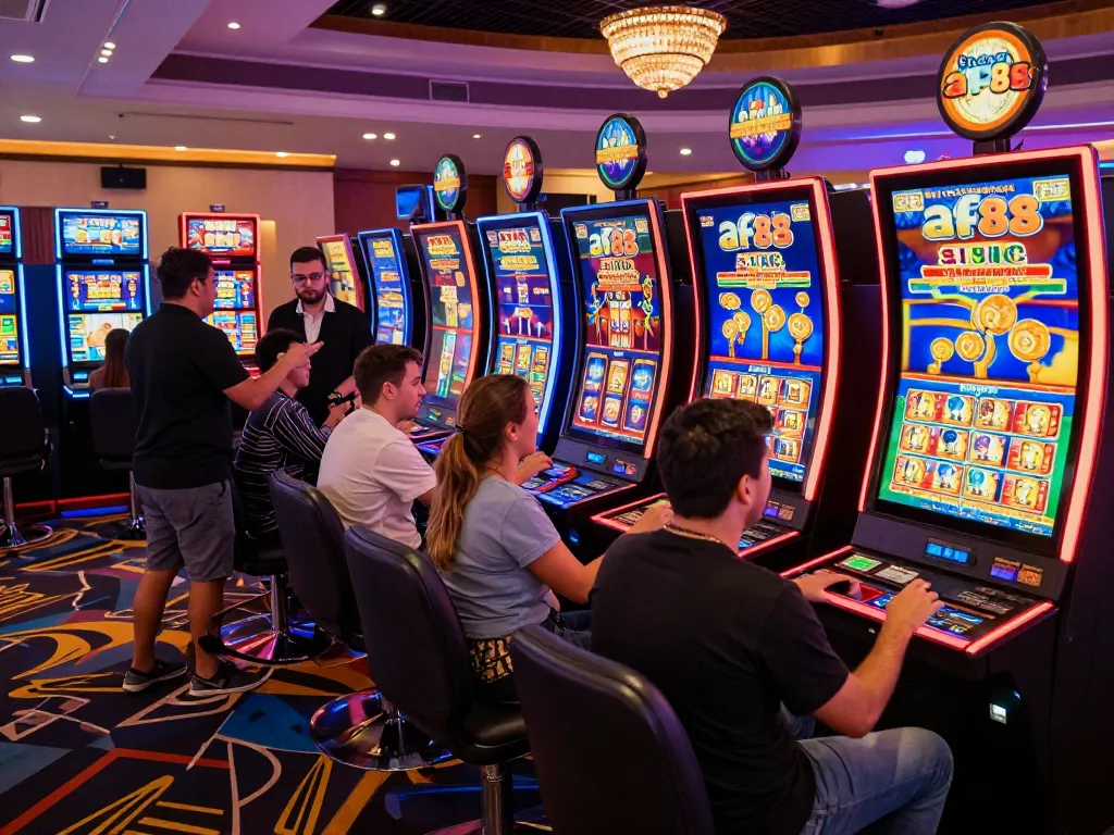 Exciting gaming moment at AF88 slot machines in a lively casino environment, showcasing vibrant colors and engaging players