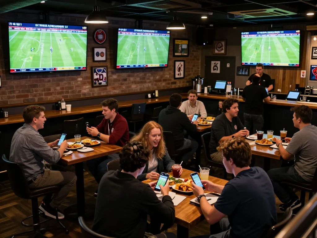 Engaged patrons watching kèo nhà cái 5 updates during a live sports event, showcasing the excitement.