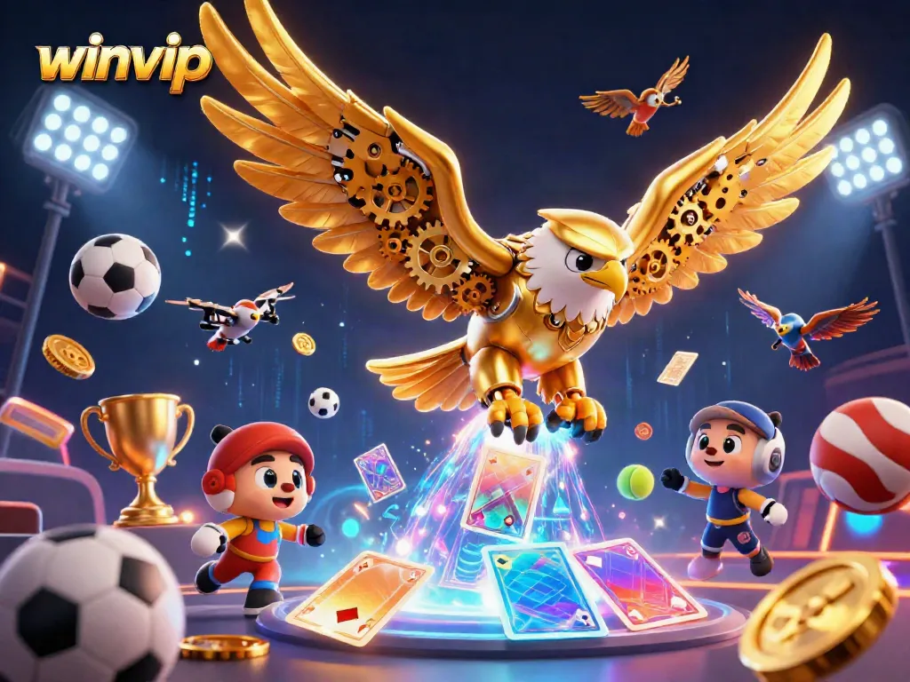 Experience the thrill as winvip soars with a golden eagle amid cascading holographic cards and dynamic sports elements.