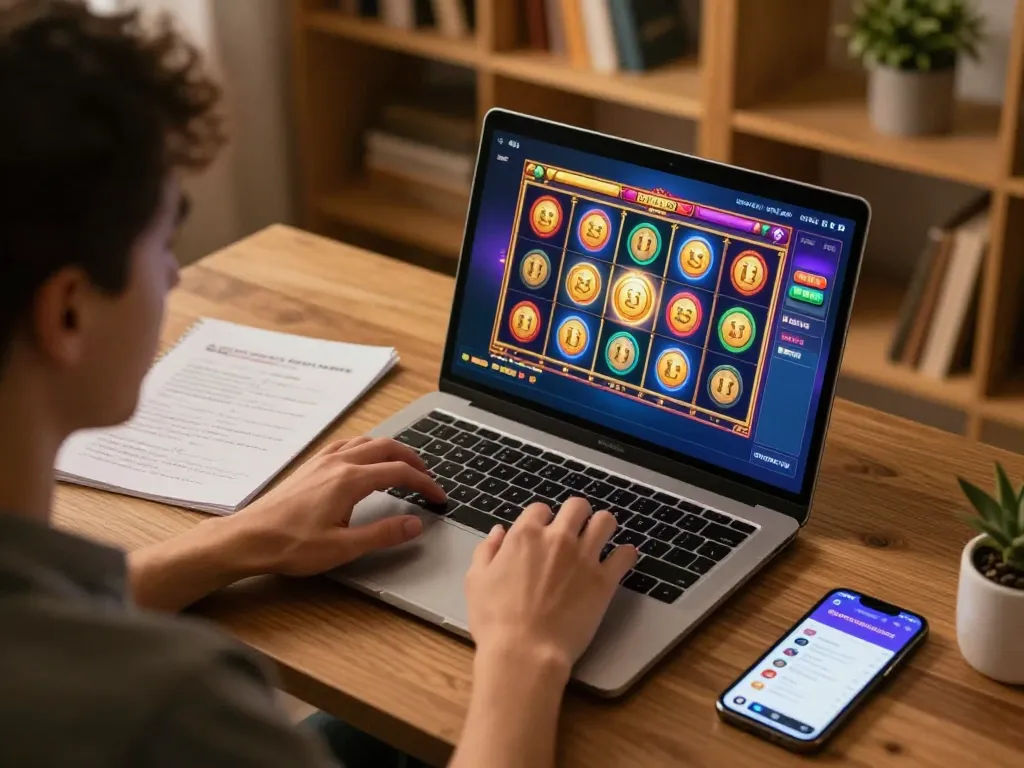 Engaging online gaming session at https://rr88.navy/ showcasing vibrant slot reels and strategic notes for better gameplay.